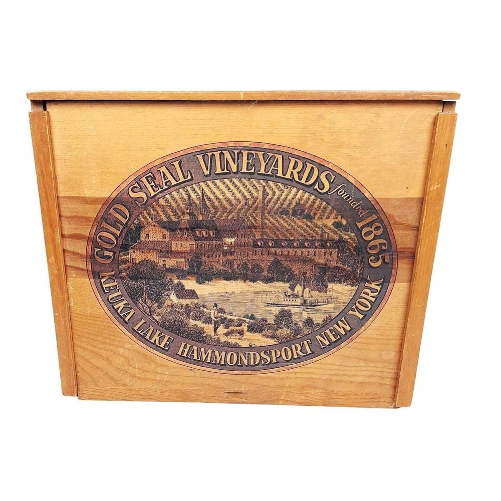 Vintage Gold Seal Vineyards Wooden Box Keuka Lake Hammondsport NY Wine Crate Lid